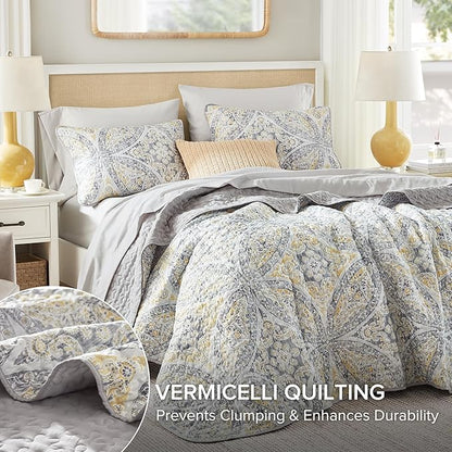 Comfort Spaces Boho Quilt Set Queen Reversible Vermicelli Quilting Queen Size Bed, All Season, Lightweight, Coverlet Winter Layer Bedding, Shams, Gloria, Full/Queen Grey/Yellow 3 Piece