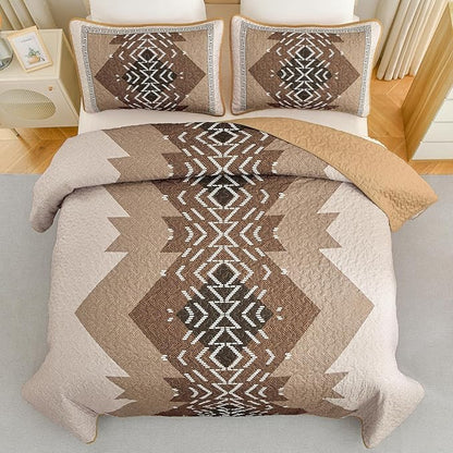 Dintszyayue Bohemian Quilt Set King Size,3 Pieces Aztec Texture Bedding Coverlet Set Brown Boho Bedspread Coverlet Set Geometric Pattern Lightweight Quilt Bedding Set for All Season (Brown,90"x103")