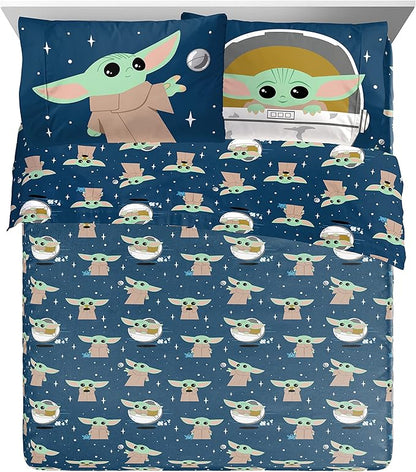 Jay Franco Star Wars The Mandalorian Hello Grogu 7 Piece Queen Size Bed Set - Includes Comforter & Sheet Set - Super Soft Kids Bedding Fade Resistant Microfiber (Official Star Wars Product)