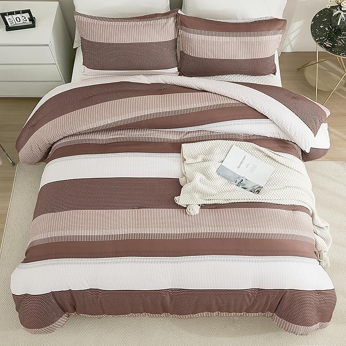 Litanika Brown Comforter Set Queen - 3 Pieces Lightweight Brown White Colorblock Stripe Fluffy Bedding Comforter Sets, All Season Bed Set