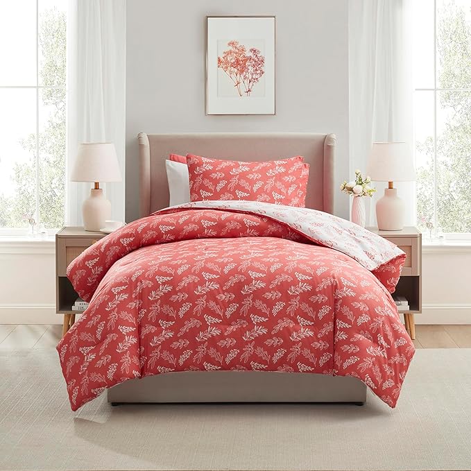 Nestl Twin/Twin XL Comforter Set - Pink Bed in a Bag Twin, 2 Pieces Reversible Bed Set, Soft Floral Bedding Set for College Dorm, All Season Botanical Comforters with Pillow Sham