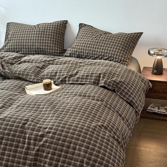 EAVD Vintage Style Dark Grey Gingham Plaid Duvet Cover Queen 100% Washed Cotton Like Linen Feel Soft 3-Piece Grid Plaid Bedding Set with 2 Pillowcases Reversible Geometric Duvet Cover with Zipper