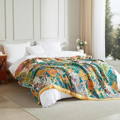 Boho Throw Blanket for Bed 80”x90”, 100% Cotton Woven Blanket for Couch Sofa, Ultra Soft 4-Layer Muslin Quilt with Floral Printed, Farmhouse Bed Blanket/Cover for Living Room Decor