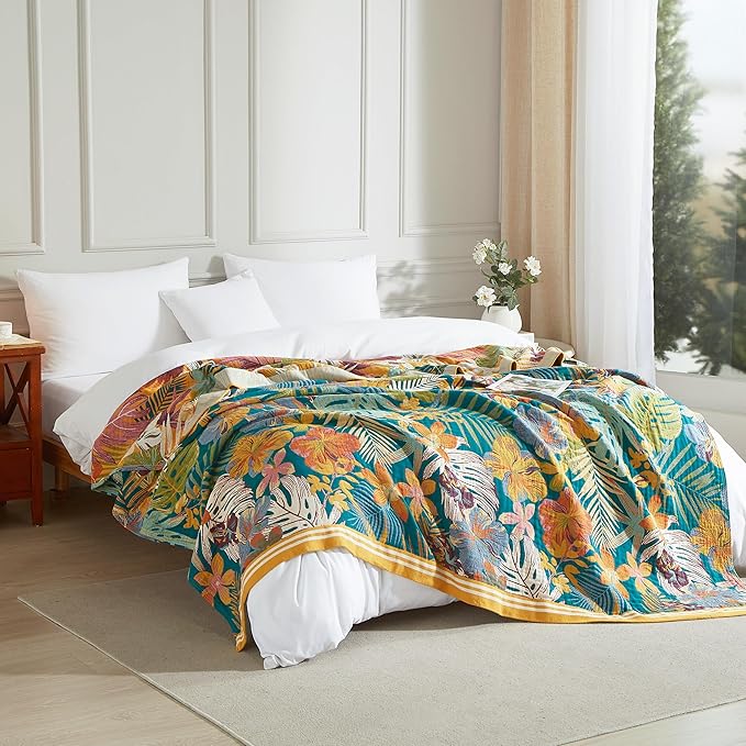 Boho Throw Blanket for Bed 90”x98”, 100% Cotton Woven Blanket for Couch Sofa, Ultra Soft 4-Layer Muslin Quilt with Floral Printed, Farmhouse Bed Blanket/Cover for Living Room Decor
