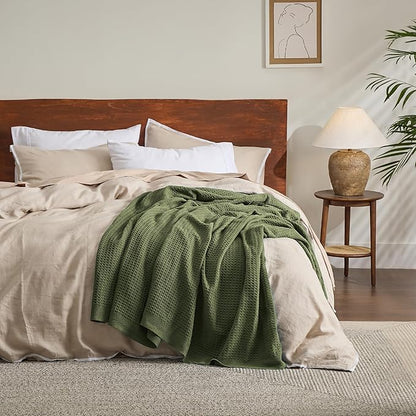 Bedsure Gentlesoft 100% Cotton Blanket Twin XL Size for College Dorm - Breathable and Soft for Spring Summer, Waffle Weave Twin Blanket for Bed, Dorm Room Essentials, Olive Green, 66x90 inches