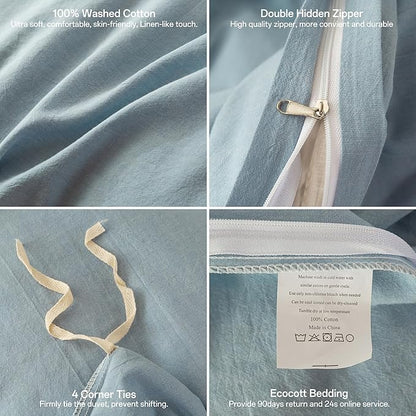 ECOCOTT 100% Washed Cotton Duvet Cover California King Size – Soft & Breathable Linen Feel Bedding Set, 3 Pieces Light Blue Comforter Cover with Zipper Closure for All Seasons
