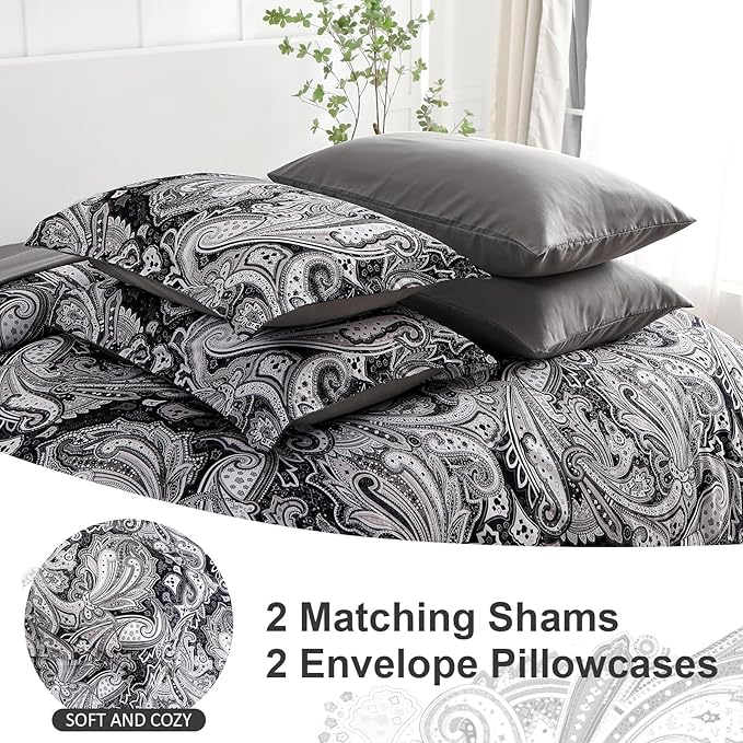 DJY Black Paisley Comforter Set King Size, 7 Piece Bed in a Bag Black Gray Boho Paisley Pattern Comforter Set, Soft Lightweight Microfiber Reversible Bedding Set for All Season (104''x90'')
