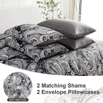 DJY Black Paisley Comforter Set Queen Size, 7 Piece Bed in a Bag Black Gray Boho Paisley Pattern Comforter Set, Soft Lightweight Microfiber Reversible Bedding Set for All Season (90''x90'')