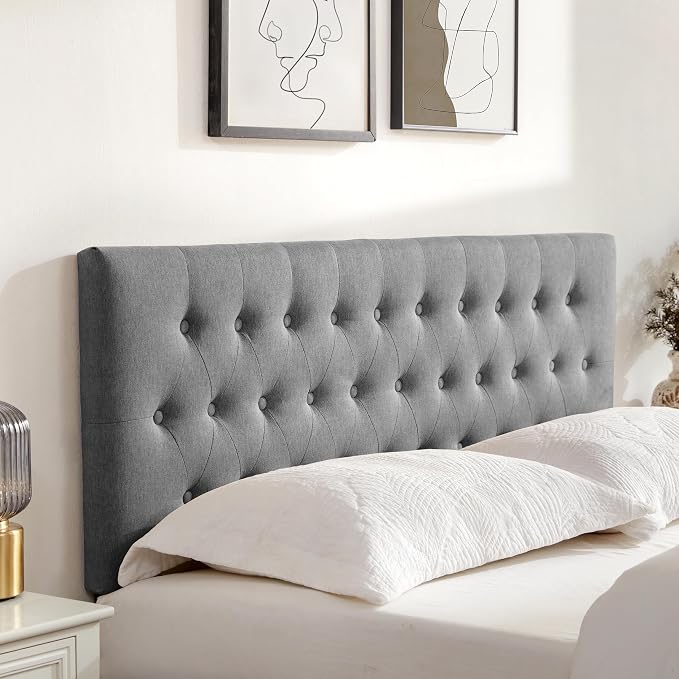 Tufted Upholstered Headboard Queen Size, Adjustable Height 37- 51 in, Gray | Sturdy and Durable Solid Wood Bed Headboard, Fabric Queen Headboard Only, Modern Button Diamond Design Head Board