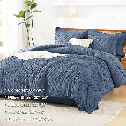 Litanika Twin Comforter Set with Sheets Ocean Blue - 5 Pieces Boho Tufted Shabby Chic Bed in a Bag, Fluffy Soft Farmhouse Bed Set for All Seasons