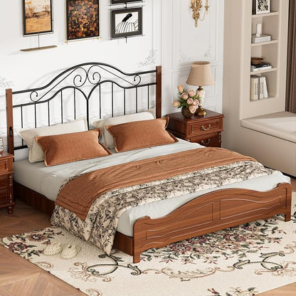 Headboard for King Size Bed Frame with Charging Station USB & Type C Ports | Vintage Platform Bed Headboard Only,Adjustable,Iron Legs,Easy Assembly,Black