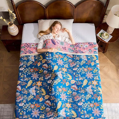 Fall Throw Blanket for Couch, Blue Boho Decorative Throw Blanket, 100% Cotton Muslin Breathable Woven Farmhouse Blankets Quilt, 50"x60" Reversible Lightweight Blankets Bohemian Throw Quilt