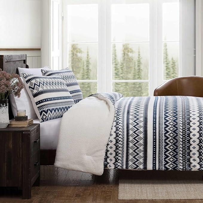 Eddie Bauer - Twin Comforter Set, Reversible Plush Bedding with Matching Sham, Dorm Essentials, Oeko-Tex Certified (Shelton Fair Isle Navy)