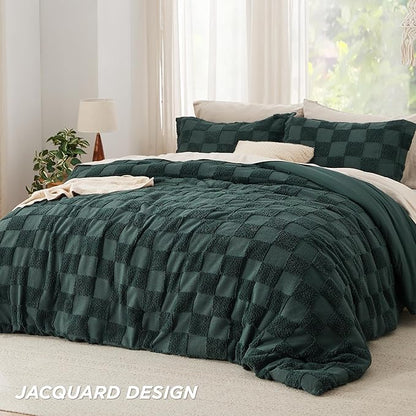 Bedsure Twin/Twin XL Comforter Set Emerald, Boho Tufted Bed Set, Checkered Farmhouse Shabby Chic Bedding, 2 Pieces, 1 Plaid Geometric Comforter and 1 Pillow Sham