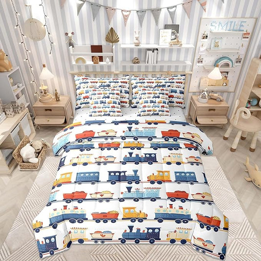 Castle Fairy Cartoon Train Comforter Set Queen Size,Transport Vehicles Bedding Set for Kids Teens,Vintage Train Tracks (Comforter+Fitted+Flat Sheet+2 Pillowcases+2 Throw Pillow Covers) 7 Pieces