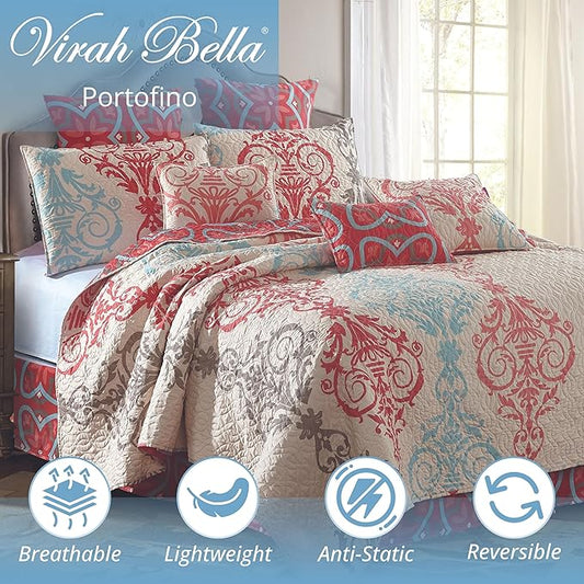 Virah Bella Quilt Bedding Set in Full/Queen Portofino Printed Lightweight Reversible Quilt with 2 Matching Pillow Shams - Cozy & Beautiful Contemporary-Themed Bedding