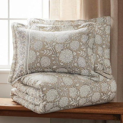 Levtex Home Adare Taupe Reversible King Duvet Cover Set (106x94in) with 2 Pillowcases (36x20in) - Floral Bedding - Taupe and White - Cotton King Size Duvet Cover Set - Soft, Pre-Washed