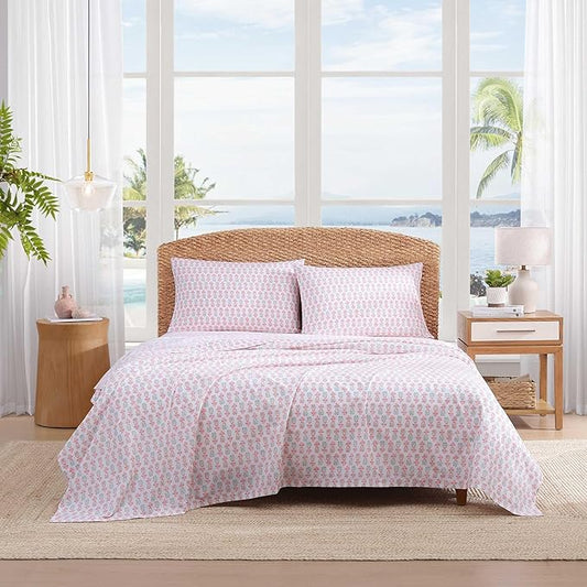 Tommy Bahama - King Sheets, Cotton Percale Coastal Bedding Set with Matching Pillowcases, Crisp & Cool, Coastal Room Essentials (Pineapple Splash Pink, King)