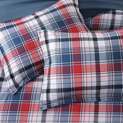 MaiRêve Twin XL Size Plaid Comforter Set Navy Red, Classic 5 Pieces Farmhouse Bedding Set, All Season Lightweight Bed in A Bag with Sheets, Pillowcase & Sham