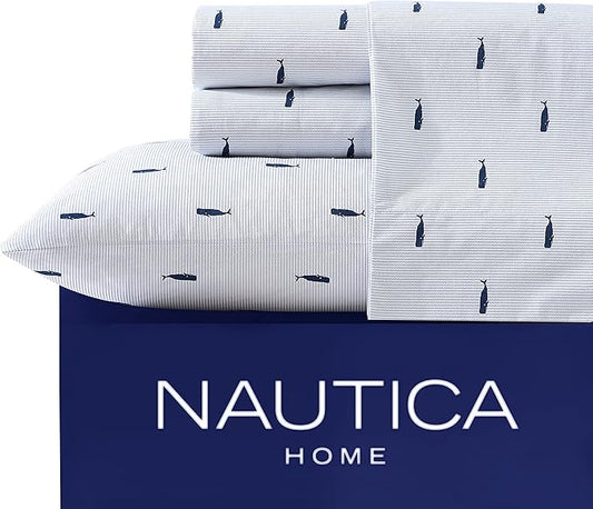 Nautica - King Size Sheets Set, Crisp & Tailored Cooling Sheets with a Smooth Cotton Percale Lightweight Feel - Bed Sheets with Matching Pillowcases & Fitted Sheet (Whale Stripe Blue)
