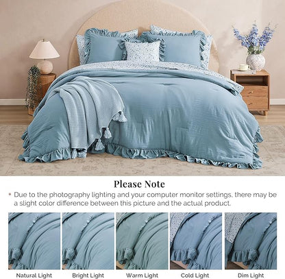 Full Comforter Set - 7 Pieces Ruffle Blue Bedding Sets, Shabby Chic Farmhouse Bed in a Bag Full with Ruffle Comforter, Floral Sheets, Pillowcases & Shams