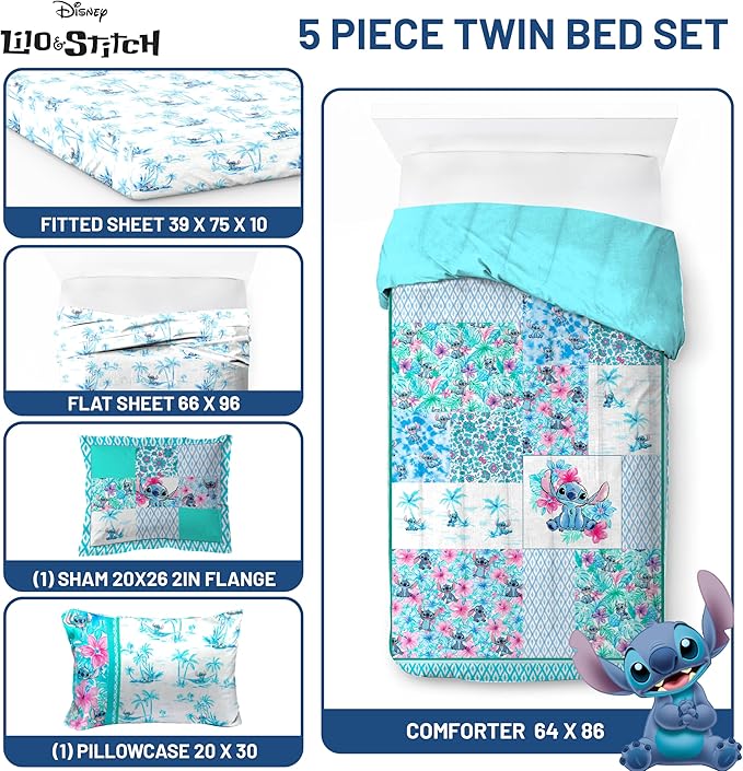 Jay Franco Kids Comforter Set Includes Sheets and Pillow Covers - Soft and Cozy Bed Set for Stylish Room Decor, Multi - Lilo and Stitch 02, 5 Piece Twin Bedding