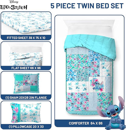 Jay Franco Kids Comforter Set Includes Sheets and Pillow Covers - Soft and Cozy Bed Set for Stylish Room Decor, Multi - Lilo and Stitch 02, 5 Piece Twin Bedding