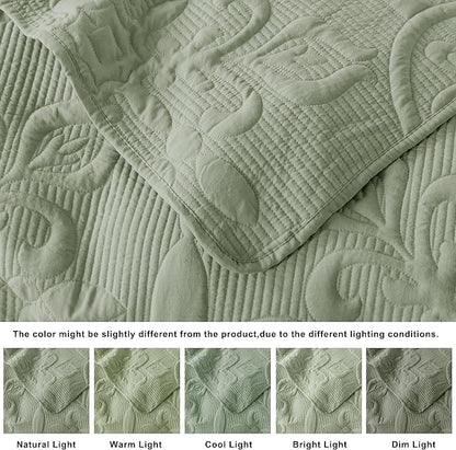B2EVER Green Damask Quilt Queen Size Bedding Sets with 2 Pillow Shams, Boho Bedspread Lightweight Soft Farmhouse Vintage Bohemian Coverlet Retro Jacquard Pattern Bed Cover for All Season, 3 Pieces