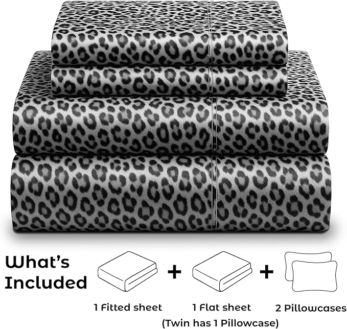 Satin Sheets Full [4-Piece, Silver Leopard] Hotel Luxury Silky Bed Sheets - Extra Soft 1800 Microfiber Sheet Set, Wrinkle, Fade, Stain Resistant - Deep Pocket Fitted Sheet, Flat Sheet, Pillow Cases