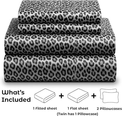 Satin Sheets Full [4-Piece, Silver Leopard] Hotel Luxury Silky Bed Sheets - Extra Soft 1800 Microfiber Sheet Set, Wrinkle, Fade, Stain Resistant - Deep Pocket Fitted Sheet, Flat Sheet, Pillow Cases