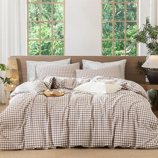 MooMee Gingham Duvet Cover Set 100% Washed Cotton Linen Like Textured Breathable Durable Soft Comfy Modern Checkered Design (Brown Gingham, Palatial King/Oversized King 120"x98")