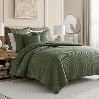 Levtex Home Cross Stitch Reversible Twin XL/Twin Quilt Set (68x86in) with 1 Pillow Sham (26x20in) - Stitch Texture - Forest Green - Cotton Twin Size Quilt Bedding Set - Lightweight, Soft, Pre-Washed