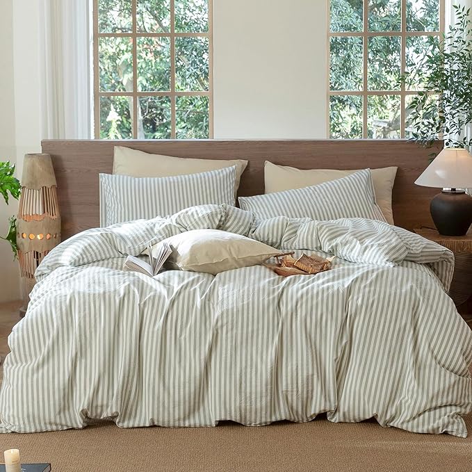 MooMee Striped Duvet Cover Set 100% Washed Cotton Linen Like Textured Breathable Durable Soft Comfy (Sage Green White Classic Stripes, Super King 108"x98")