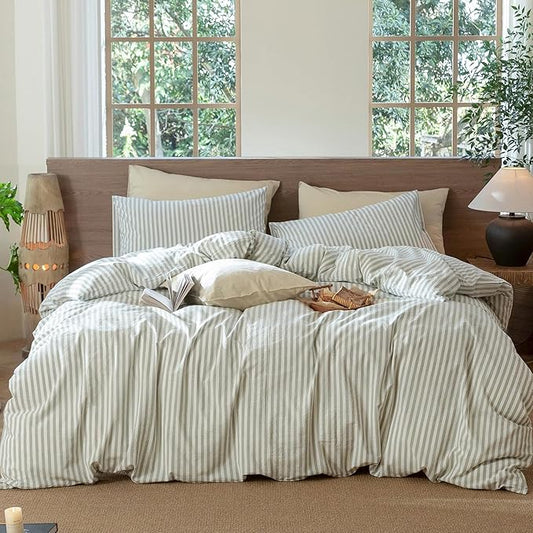 MooMee Striped Duvet Cover Set 100% Washed Cotton Linen Like Textured Breathable Durable Soft Comfy (Sage Green White Classic Stripes, Palatial King/Oversized King 120"x98")