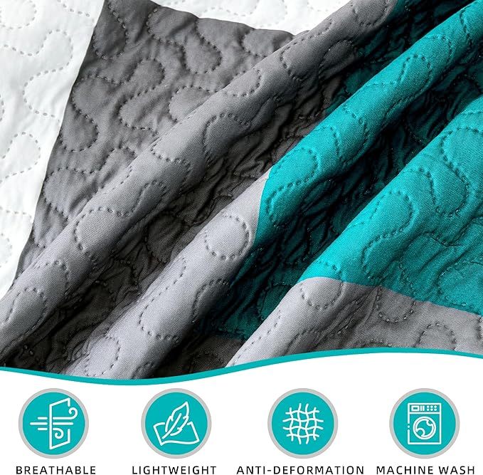 3 Piece Teal/Turquoise Quilt Set California King Size Black Grey Geometric Reversible Bedding Set Microfiber Lightweight Bedspread Coverlet with 2 Shams Bed Covers for All Season, 118''x106''