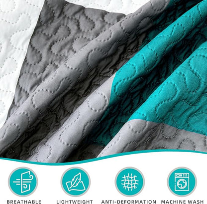 3 Piece Teal/Turquoise Grey Quilt Set King Size Black White Geometric Reversible Bedding Set Microfiber Lightweight Bedspread Coverlet with 2 Shams Modern Bed Covers for All Season, 106''x96''