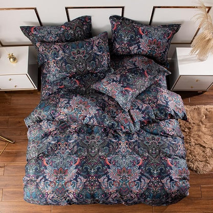 VM VOUGEMARKET Paisley Bedding Sets 3Pcs Brushed Cotton Duvet Cover Set King Size Rustic Damask Stormy Blue Floral Comforter Cover with Zipper Closure Boho Bedding Collections