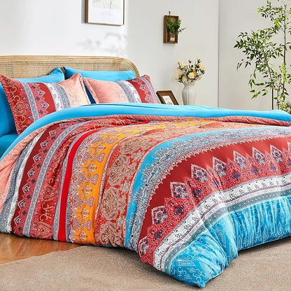 Boho Comforter Set Queen - 7 Pieces Bed in a Bag, Bohemian Striped Comforter Set with Sheets, Soft Microfiber Colorful Floral Bedding Set for All Season