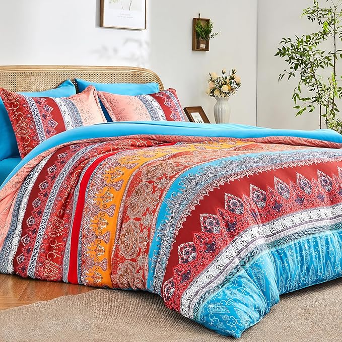 Coral Pink King Size Comforter Set Boho - 7 Pieces Floral Striped Comforter and Sheet Set, Soft Bed in a Bag Complete Bedding Sets for All Season(Coral Pink, King)