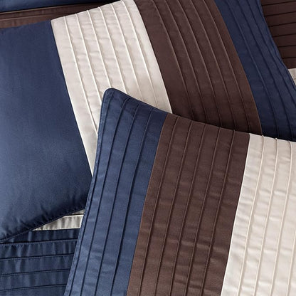 Chezmoi Collection Loft 8-Piece California King Comforter Set, Midnight Blue/Brown/Coffee Cream Luxury Striped Bedding for All Season