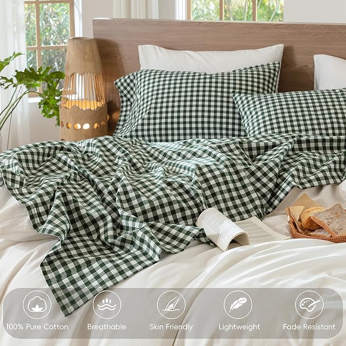 MooMee Gingham Sheet Set 100% Washed Cotton Linen Like Textured Breathable Soft w/Fully Elasticized 16-19" Deep Pocket (Classic Gingham Forest Green, Queen)