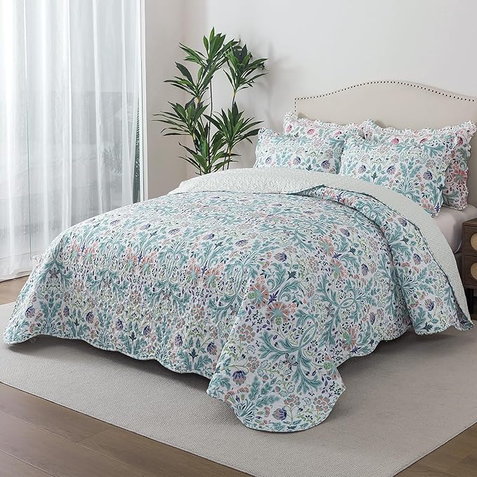 HoneiLife Queen Quilt Bedding Sets - Microfiber Quilt Sets for Queen Bed, 3-Piece Lightweight Bedspreads,Reversible Coverlets Rustic Bed Cover, Floral Bedding Sets for All Season Use