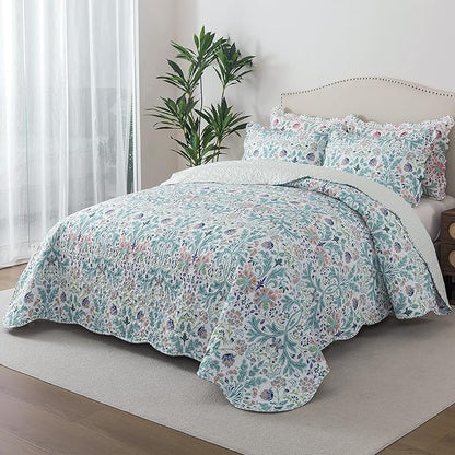 HoneiLife Queen Quilt Bedding Sets - Microfiber Quilt Sets for Queen Bed, 3-Piece Lightweight Bedspreads,Reversible Coverlets Rustic Bed Cover, Floral Bedding Sets for All Season Use