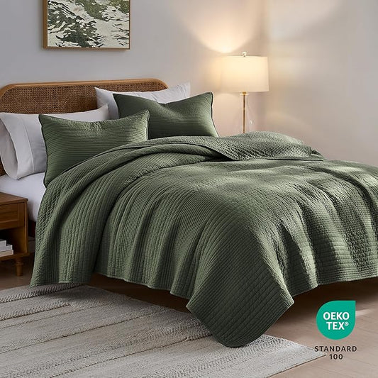 palassio Striped Olive Green 100% Cotton Quilt Twin Size Bedding Sets, Lightweight Crinkly Channel Pick Stitch Textured Bedspread Soft Shabby Chic Farmhouse Country Coverlet for All Season, 1 Sham