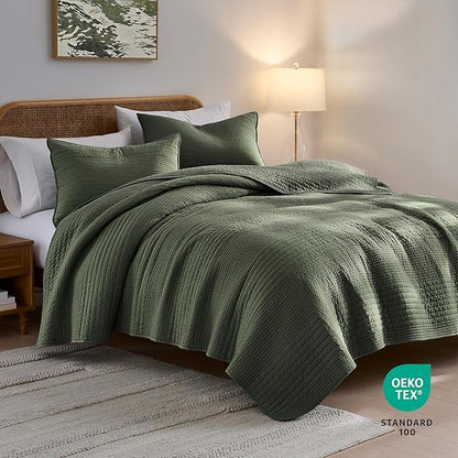 palassio Striped Olive Green 100% Cotton Quilt California Cal King Size Bedding Sets, Oversized Lightweight Channel Pick Stitch Textured Bedspread Soft Farmhouse Coverlet for All Season, 2 Shams