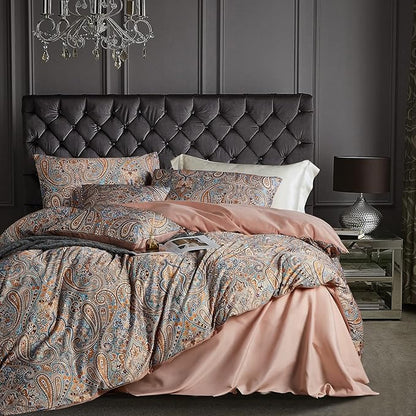 Gold Duvet Cover Set,5 PCS Medallion Paisley Print Comforter Cover Set,Bohemian Pattern Bedding Set,Vintage Style Flower Duvet Cover,Soft Reversible Design(Paisley,Queen)