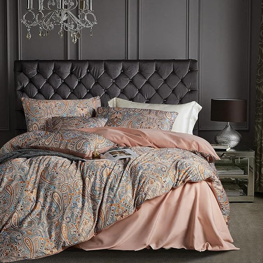 Gold Duvet Cover Set,5 PCS Medallion Paisley Print Comforter Cover Set,Bohemian Pattern Bedding Set,Vintage Style Flower Duvet Cover,Soft Reversible Design(Paisley,Queen)