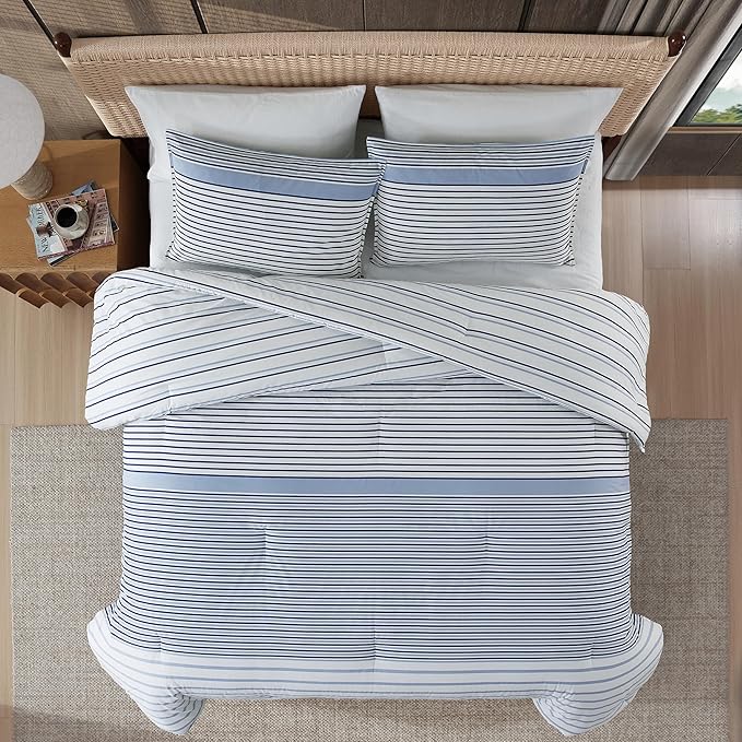 Eddie Bauer - Twin Comforter Set, Cotton Bedding with Matching Sham, Two-Piece Back Closure, Dorm Essentials (Cooper Stripe Blue)