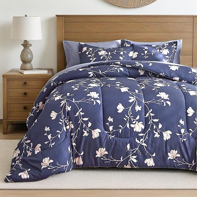 AIKASY Bed in a Bag King Comforter Set，7 Pieces Floral Comforter Set Bedding Sets with (1 Comforter, 2 Pillow Shams, 1 Flat Sheet, 1 Fitted Sheet, 2 Pillowcases) (Navy, King)