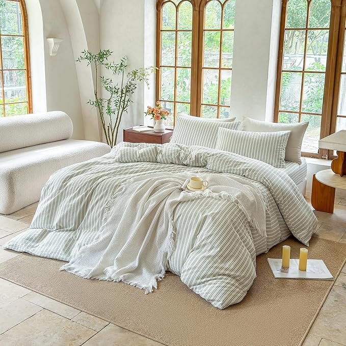 Striped Duvet Cover Set 100% Washed Cotton Linen Like Soft Feelling Breathable Bedding(White/Sage Green Strip,Twin)
